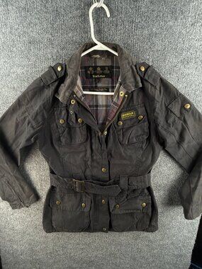 Barbour International Waxed Jacket Women Full Zip Black Size 4 US Lined Belted